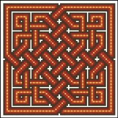 a cross stitch pattern in red and black with an intricate design on the bottom corner