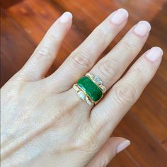 Description: 14k Yellow Gold Green Jade Women Ring Item No.: R00286 Metal Type: 14k Real Gold, Not Filled Or Plated (Stamped "750" Which Means 18k, But This Only Passed Our 14k-16k Test, So We Have This For Sale As 14k Gold) Metal Color: Yellow Gold Type Of Stone: B Jade & Cubic Zirconia Measurement: Size 6.75 Jade: 18 X 9 Mm. Center: 18 X 18 Mm. Band Width: 3 Mm. Approximate Weight: 4.35 Gram(S) Brand New With Box Luxury 14k Yellow Gold Emerald Ring, Luxury Yellow Gold Emerald Ring With Diamond, Luxury 14k Stamped White Gold Emerald Ring, Luxury White Gold Emerald Ring Stamped 14k, Luxury Yellow Gold Emerald Ring With Polished Finish, Exquisite 14k Yellow Gold Emerald Ring, Formal Yellow Gold Multi-stone Emerald Ring, Luxury Yellow Gold Emerald Ring For Anniversary, Fine Jewelry Yellow Gold Polished Emerald Ring