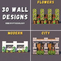 four different types of flowers in front of a building with the words 30 wall designs