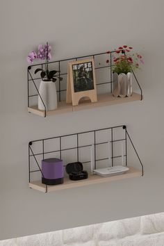 two shelves with plants and pictures on them