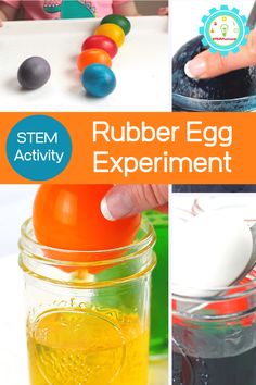 egg in vinegar science experiment Kitchen Activities For Kids, Egg Science Experiment, Easter Stem Activities, Egg In Vinegar, Spring Stem Activities, Egg Science, Egg Experiment, Rubber Egg, Egg Experiments