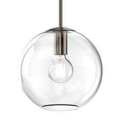 a light that is hanging from a ceiling fixture with a clear glass ball on it