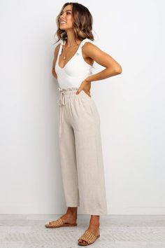 Hawthorne Pant - Beige - Petal & Pup USA Chic Loungewear Pants With Tie Waist, Chic Linen Bottoms With Elastic Waistband, Chic Beach Wide Leg Pants With Drawstring, Chic Wide Leg Beach Pants With Drawstring, High Waist Linen Wide Leg Loungewear Pants, Chic Linen Wide Leg Pants With Drawstring, Casual Linen Paperbag Waist Bottoms, Spring Linen Wide Leg Pants With Drawstring, Beige Linen Pants With Drawstring