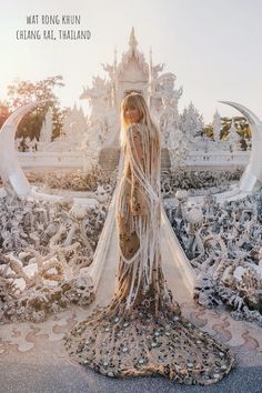 a woman standing in the middle of a field wearing a long white dress and veil