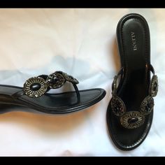 Alfani Black Dress Sandals - New Without Tags Perfect Condition Leather Upper, Bead Encrusted 2 Inch Heel Elegant Beaded Round Toe Sandals, Black Beaded Sandals For Spring, Spring Black Beaded Sandals, Elegant Beaded Synthetic Sandals, Black Embellished Sandals For Spring, Casual Black Beaded Sandals, Black Dress Sandals, 2 Inch Heels, Dress Sandals