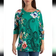 Nwt. Chicos Top Women Floral Green Three Quarter Sleeve, Size2 (L) Stretch Dropped Shoulders Spring. Mat: Cotton, Rayon. Length: 27" Inch Aprox. Pit To Pit: 24.4" Inch Aprox. Sleeve: 18.5" Inch Aprox. Good Condition Green Printed Half Sleeve Tops, Green Floral Print Top With Half Sleeves, Green Half Sleeve Tops For Spring, Relaxed Fit Printed Tops With 3/4 Sleeves, Printed Tops With Relaxed Fit And 3/4 Sleeve, Printed 3/4 Sleeve Tops, Casual Printed Top With 3/4 Sleeves, Casual Printed Tops With 3/4 Sleeve, Business Casual Sweater