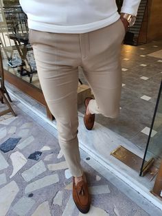 Stefano Beige Slim Fit Pants – brabion Mens Business Casual Outfits, Solid Color Jumpsuits, Men Fashion Casual Shirts, Engagement Outfit, Yes But, Stretch Dress Pants, Beige Pants, Prom Suits, Fashion Suits For Men