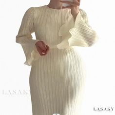 Lasaky - Elegant Long-Sleeve Dress for Leisurely Evenings Socialite Style, Solid Maxi Dress, Grey Long Sleeve Dress, Flare Sleeve Dress, Loose Maxi Dress, Pleated Maxi Dress, Striped Maxi Dresses, Ruffled Maxi Dress, Midi Dress With Sleeves