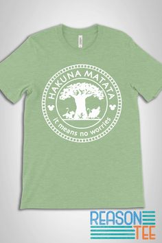 Get your Hakuna Matata Tree Of Life T-shirt and be Instagram, picture, or selfie-ready! The perfect tee for your squad. Super comfy; this will become your next favorite tee for everything - hiking, vacation, biking, Sunday Funday, chilling... T-shirt fabric: Solid Colors: 4.2 oz., 100% Airlume combed and ring-spun cotton, 32 singles Heather CVC/Blend Colors: 52% Airlume combed and ring-spun cotton, 48% polyester Sport Grey: 90% Airlume combed and ring-spun cotton, 10% polyester Pre-shrunk Green T-shirt For Adventure, Hakuna Matata Shirt, Disney 50th Anniversary, Heather Brown, Disney World Shirts, Heather Green, Deep Teal, Sunday Funday, Disney Shirts