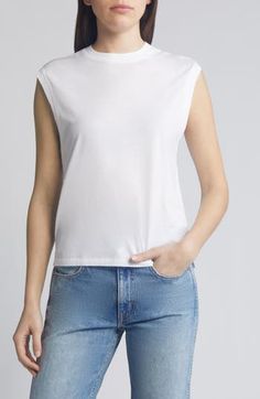 Give your layering technique a little muscle with this sleeveless T-shirt in smooth, soft Supima cotton. 23" length (size Medium) Crewneck Sleeveless 100% cotton Machine wash, tumble dry Imported Classic Sleeveless Tops For Everyday, Basic White Muscle Tee For Spring, Relaxed Fit Muscle Tee For Layering, Fitted Sleeveless T-shirt, Stretch Muscle Tee For Everyday Spring Wear, White Muscle Tee For Spring Layering, Stretch Tank Muscle Tee For Everyday, Spring Tops With Relaxed Fit And Dropped Armholes, Everyday Stretch Tank Muscle Tee