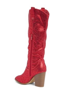 Covered in an array of glistening rhinestones add a boost of glamour to western-inspired boots. Rhinestone embellished pull tabs and a stacked block heel finesse this covetable style. 3 4/5" heel 14 2/3" shaft height Partial side zip closure Imported Guy Shoes, Western Boots Women, Western Boot, Red Glitter, Western Boots, Side Zip, Nordstrom Rack, Block Heels, Shoes Mens