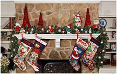 christmas stockings hanging from a fireplace mantel