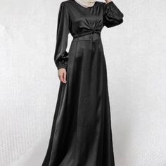 Longue Sleeve Satin Wrap Dress with Matching Open Abaya. Material: Satin Zara Satin Dress, Image Composition, Satin Wrap Dress, Open Abaya, Satin Dress, Black Silk, Satin Dresses, Silk Satin, Red Dress