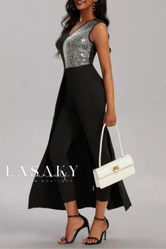 Lasaky - Chic Patchwork Asymmetrical Contrast V Neck Slim Fit Jumpsuits for a Stylish Casual Look Asymmetrical Black Jumpsuit For Party, Asymmetrical Black Romper For Party, Asymmetrical Black Jumpsuits And Rompers For Party, Asymmetrical Black Party Jumpsuit Or Romper, Black Asymmetrical Jumpsuit For Evening, Fitted Jumpsuit, Jumpsuit Online, Casual Look, Wholesale Fashion