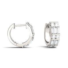 These lab-created moissanite hoop earrings add dazzle to any look with their modern style that exudes incredible sparkle and shine. Crafted in 14K white gold, this pair features eight baguette lab-created moissanite gemstones and an additional 12 of these gemstones in a round cut. Through a patented growing method, Forever One by Charles & Colvard offers accessible luxe jewelry with superior colorless lab-created moissanite gemstones. Each piece features unsurpassed craftsmanship meeting the mos Classic Huggie Earrings With Baguette Cut Prong Setting, White Gold Huggie Earrings With Baguette Cut For Anniversary, White Gold Baguette Cut Huggie Earrings For Anniversary, White Gold Hoop Earrings Baguette Cut, Modern Round Huggie Earrings With Prong Setting, Classic Silver Baguette Cut Hoop Earrings, Modern Wedding Huggie Earrings With Prong Setting, Classic Silver Baguette-cut Hoop Earrings, White Gold Baguette Cut Hoop Earrings For Anniversary