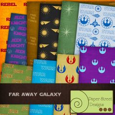 the star wars fabric collection includes many different patterns and colors, including blue, yellow, green, purple, orange, and red