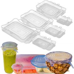 several plastic containers with food in them and one container filled with green smoothie next to it