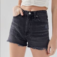 Exclusive High-Rise Denim Short-Short In Our Signature Girlfriend Fit By Bdg From Uo. In Soft Stretch Denim With A Relaxed-Slim Fit Built With 5 Pockets + Zipper Fly. Complete With A Raw-Edge, Frayed Hem. Smoke Free Pet Friendly. New With Tags. - 99% Cotton, 1% Spandex - Machine Wash - Model Is 5’9” And Wearing Size 26 Grunge High Waist Jean Shorts With Built-in Shorts, Grunge Jean Shorts With Built-in Shorts, Edgy High Rise Jean Shorts With Built-in Shorts, Casual Washed Black Jean Shorts For Summer, High Rise Relaxed Fit Grunge Bottoms, Edgy Washed Black Shorts With Frayed Hem, High-rise Relaxed Fit Grunge Bottoms, Fitted Dark Wash Short Length Shorts, Fitted Dark Wash Shorts