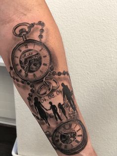 a man's arm with a clock and two people on the inside of it