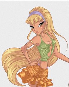 a cartoon girl with long blonde hair holding a purse