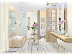 the bathroom is decorated in all white and has wood flooring, glass vases with flowers on them