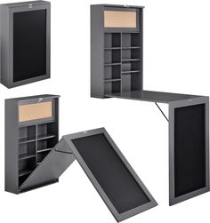 three different types of shelves with doors open and one opened, the other closed on both sides