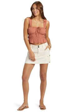 Summery vibes live on through any season in this cute cropped top styled with a wide straps and shapely shirring on the bodice. 17 1/2" length (size Medium) Square neck Sleeveless 65% cotton, 35% viscose Machine wash, tumble dry Imported Jean Beige, Jeans Beige, Jeans Rock, Crop Blouse, Streetwear Women, Streetwear Outfit, Cropped Top, Wide Straps, Roxy