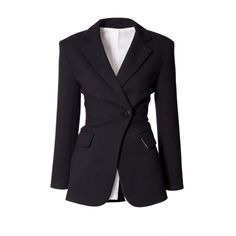 The jacket is made of fleshy, slightly thicker twill with a visible structure of the weave. The gentle line of the shoulders slightly protruding beyond the figure and the lower lapels drawing the feminine hip line. The waist is very much accentuated by the fit and the folds of the material formed after fastening, which strongly marks the hourglass line. Will make a perfect match with MONICA DESIGNER BLACK Pants. Wear also with tight trousers and heels or a midi skirt and high boots.Due to the th Black Womens Suit, Ladies Coat Design, Woman Suit Fashion, Blazer Designs, Red Blazer, Oui Oui, Coat Design, Suit Fashion, Black Blazer