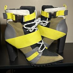 Steve Madden Illusion Multi Color Boots. Yellow/Neon Green, Black Mesh, Olive Green Suede, White And Dark Gray Accents, Silver Buckle, White And Olive Green Shoe Lace. These Are Size 8. I Am A True 7 1/2 And These Fit Me Perfectly. Gorgeous, Comfortable Boot. Irregular Shoes, Olive Green Shoes, Green Shoe, Color Boots, Fashion Shoes Boots, Yellow Neon, Stiletto Boots, Block Party, Comfortable Boots