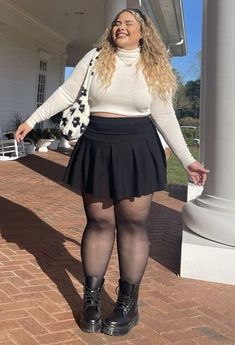 Cute Concert Outfits For Plus Size, Midsize Plus Size Fashion, Plus Size Date Outfit Winter, K Pop Concert Outfit Ideas Plus Size, Plus Size Skirt And Tights Outfit, Platform Boots Plus Size Outfit, Winter Concert Outfit Plus Size, Dark Feminine Aesthetic Outfits Plus Size, Outfit Inspo For Curvy Women