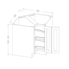 a drawing of an open cabinet with the door and drawers showing measurements for each drawer