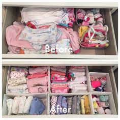 an open drawer filled with lots of baby clothes