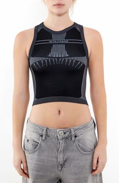 This cool cropped tank is crafted in a close-fitting silhouette with a tied-and-cutout back. 15" length (size Medium) Ties at back Crewneck Sleeveless 38% polyester, 35% recycled polyamide, 21% polyamide, 6% elastane Machine wash, line dry Made in Turkey Fitted Racerback Crop Top With Built-in Bra, Black Tank Crop Top With Built-in Bra, Fitted Black Tank Crop Top, Black Fitted Tank Crop Top, Summer Cropped Black Sports Bra, Black Sleeveless Elastane Crop Top, Black Cropped Sports Bra For Summer, Cropped Black Sports Bra For Summer, Sleeveless Seamless Crop Top For Gym