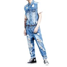 Make a statement this season with our 2023 Spring-Summer Collection of distressed bare-shoulder men's denim overalls! Crafted with an edgy distressed pattern for a modern street style. these overalls offer a blend of contemporary fashion and nostalgic grunge. With a slim fit and a seamless blend of a resilient zipper and stylish button closure. these overalls deliver both functionality and flair. Crafted with premium quality denim for durability. our overalls are the ultimate expression of grung Summer Dark Wash Relaxed Fit Denim Vest, Summer Denim Vest In Dark Wash With Relaxed Fit, Ripped Dark Wash Denim Jumpsuit For Spring, Urban Distressed Jeans For Summer, Ripped Denim Blue Vest For Summer, Summer Ripped Denim Blue Vest, Trendy Ripped Denim Vest For Summer, Summer Ripped Denim Vest In Denim Blue, Summer Distressed Denim Vest