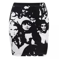 This skirt comes in a soft, durable, woven fabric and features a high waisted fit, a fitted, mini silhouette, pull up style, and a distinct, retro, rocker print design throughout. Model in S Polyester Printed Mini Skirt, Gray Skirt, Pull Up, White Skirts, Up Styles, Savannah Chat, Rocker, Black Pants, Woven Fabric