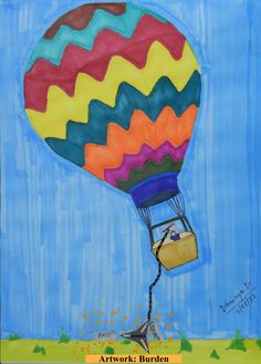 a painting of a hot air balloon flying in the sky with a person inside it