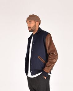 Rolled Collar, Leather Sleeves, Leather Sleeve, Dark Navy, Varsity Jacket, Wool, Navy