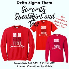 two red sweatshirts with the words delta sigma and some other items in white on them