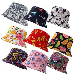 Unisex Bucket Hat Reversible Festival Fisherman Cap Available in a range of vibrant prints and colours including animal prints, floral prints, fruit prints, and more! Novelty prints bucket hats 2 in 1 Reversible Hat. Perfect for festivals, travelling, daily wear, as a gift! Machine Washable. Lightweight and foldable hat for easy storage and ideal for holidays! 100% Cotton Lots of prints available! One Size - Fit Most - Standard Head . [ Appx - 57 - 59cm ] Trendy Multicolor Bucket Hat For Outdoor, Trendy Multicolor Sun Hat For Outdoor, Casual Colorful Bucket Hat, Colorful Casual Summer Bucket Hat, Casual Colorful Summer Bucket Hat, Multicolor Reversible Cap, Reversible Multicolor Cotton Sun Hat, Multicolor Reversible Cotton Sun Hat, Colorful Casual Bucket Hat