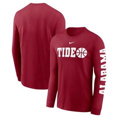 Rep your favorite college basketball team with the Nike Basketball Icon Two-Hit Long Sleeve T-Shirt, designed for dedicated Alabama Crimson Tide fans. This tee features the Alabama Crimson Tide basketball icon boldly displayed across the chest, making it clear which team you support. With the team wordmark running down each sleeve, this shirt provides a sporty and spirited look for any fan. Nike College Fan Apparel T-shirt, University Logo Long Sleeve Tops For Sports Season, Nike Tops For Football Season Fan Merchandise, Nike Crew Neck Tops For Football Season, Long Sleeve University Logo Tops For Sports Season, University Logo Tops For Sports Events, Fan Apparel Tops With University Logo, Long Sleeve Tops With University Logo For Sports Season, Nike Tops In Football Team Colors For Football Season