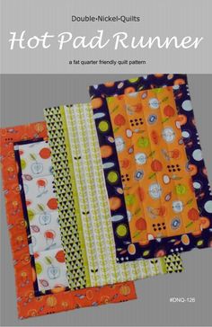 three quilted placemats with different patterns on them and the title hot pad runner