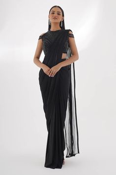 Black pre-draped saree with bead and cutdana embellished pallu. Comes with nalki embroidered padded blouse. - Aza Fashions Black Pre-draped Saree With Sequins, Black Pre-draped Saree With Zari Work, Black Traditional Drape Blouse For Reception, Black Sequined Blouse With Traditional Drape, Black Sequined Traditional Drape Pre-draped Saree, Traditional Blouse With Draped Sleeves For Evening, Formal Blouse With Sheer Dupatta In Traditional Drape, Formal Blouse With Sheer Dupatta And Traditional Drape, Black Pre-draped Saree With Dupatta For Evening