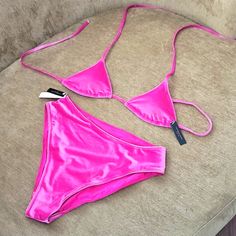 Nwt Victoria's Secret Bright Pink Velvet Bikini Set High Cut Leg High Waisted Bottom Is Size L Please Note Top Is Taged As An Xs But It Is An Adjustable String Bikini Top, Could Be Worn By Many Cup Sizes Depending On What Look You're Going For. Has 45" String Unstretched, That Ties Behind The Back And Halter Style Shoulder Straps That Tie Behind Neck I Also Have A Size Medium Top Available Too, Same Suit, Different Style- Check Closet Removable Cup Padding Subtle Gold Trim, Also Has Vs Logo On B Pink Triangle Top Swimwear With Lined Body, Pink Swimwear With Lined Body For Poolside, Pink Lined Swimwear For Poolside, Pink Fitted Swimwear For Pool, Pink Fitted Swimwear For The Pool, Fitted Pink Swimwear For Pool, Fitted Pink Swimwear For The Pool, Pink Stretch Swimwear With Triangle Top, Pink Stretch Triangle Top Swimwear