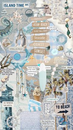 a collage of beach related items with words and pictures on them, including an ocean theme