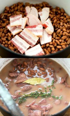 two pictures showing different types of food in a bowl and on the other side, there are beans