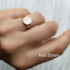 Beautifully designed round signet monogram ring. Order any initials and they will be hand engraved by our talented jewelers. Design by Keti Sorely Metal options: - Sterling Silver - Sterling Silver 0.925 with Yellow Gold overlay - Sterling Silver 0.925 with Rose Gold overlay - 10K Gold (Yellow, Rose or White) - 14K Gold (Yellow, Rose or White) - 18K Gold (Yellow, Rose or White) Ring disc measures approximately 10 mm in diameter. Band width - 2mm on back. Ring sizes available: 5 to 11 US -------- 14k Rose Gold Initial Ring, Rose Gold Initial Ring Stamped 14k, Rose Gold Stamped 14k Initial Ring, Rose Gold Round Initial Ring Hallmarked, Engraved Rose Gold Sterling Silver Signet Ring, Rose Gold 14k Stamped Initial Ring, Hallmarked Rose Gold Round Signet Ring, Rose Gold Signet Ring With Initials, Engraved Rose Gold Signet Ring