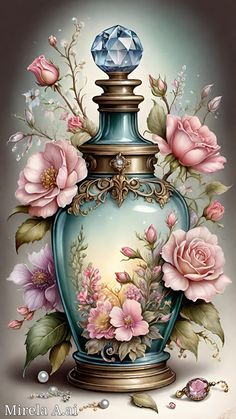 a blue vase with pink flowers on it and a diamond in the top right corner