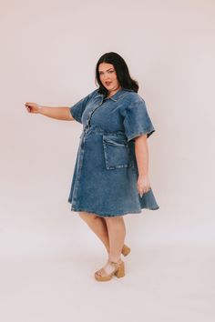 Get ready to rock the streets in the PLUS SIZE - More Than My Hometown Dress! Made with durable denim and featuring trendy cargo pockets, this button-up dress is perfect for taking on any adventure. Don't just represent your hometown, show them who's boss in this versatile and stylish piece. Details Denim Cargo pockets Button-up Sizing Approximate measurements: SIZE LENGTH BUST Small 38" 48" Medium 40" 50" Large 40" 52" Fabric has some stretchModel is 5'8" wearing size 2XL Material 60% Cotton 38 More Than My Hometown, Denim Cargo, Button Up Dress, Denim Details, The Streets, Dresses For Sale, Button Up, Plus Size, How To Wear