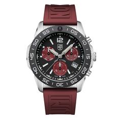 The Luminox Pacific Diver Chronograph boasts a 44mm stainless steel case with a CARBONOX(tm) unidirectional bezel, a vital instrument for any diver. A black dial with white numerals and indices contrasts the warm crimson sub dials for a unique style. A matching crimson cut-to-fit rubber strap completes the look. Mix and match your style by pairing with any other color from our Cut-To-Fit strap collection. As with every other Luminox timepiece, this Pacific Diver incorporates Luminox Light techno Luminox Watches, Bear Grylls, Rubber Watches, Navy Seals, Casual Watches, Dive Watches, Stainless Steel Watch, Swiss Made, Chronograph Watch