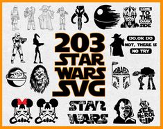 the star wars logo is shown in black and white, with many different designs on it